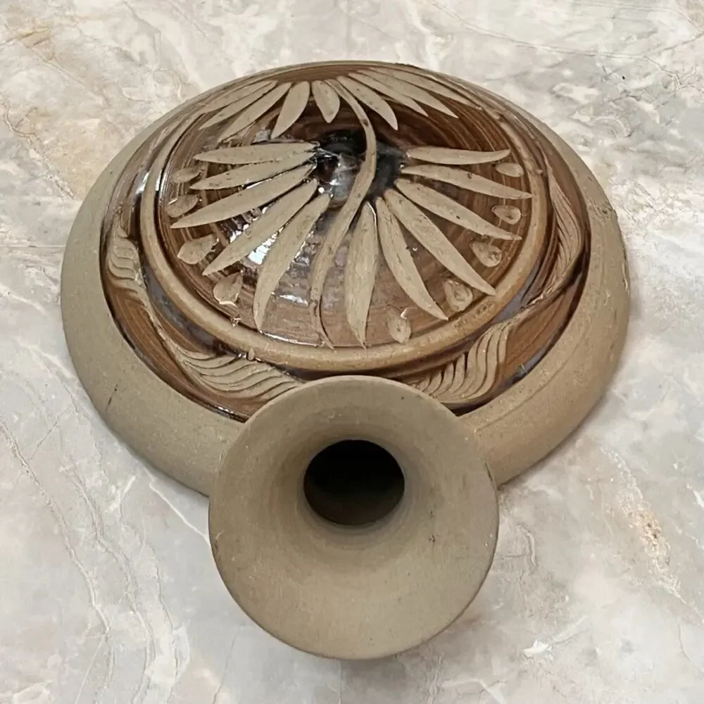 Sandstone Pottery Flat Water Vase Vessel Brown Signed